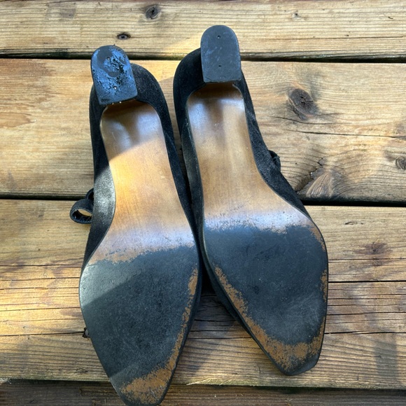 Black suede ballet cross straps, 2 inch heels - Picture 2 of 7